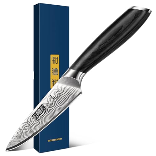 HOSHANHO Schälmesser 9,5 cm, Kleine Küchenmesser aus Geschmiedetem Kohlenstoffstahl, Rasiermesserscharfes Japanisches Obstmesser mit Ergonomischem Pakkaholzgriff von HOSHANHO