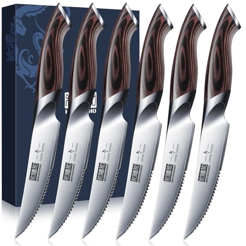 HOSHANHO Steakmesser 6-Teilig Set, Hochwertige Edelstahl Küchen Steakbesteck, Scharfe Gezahnte Steak Messerset mit Ergonomischem Griff von HOSHANHO