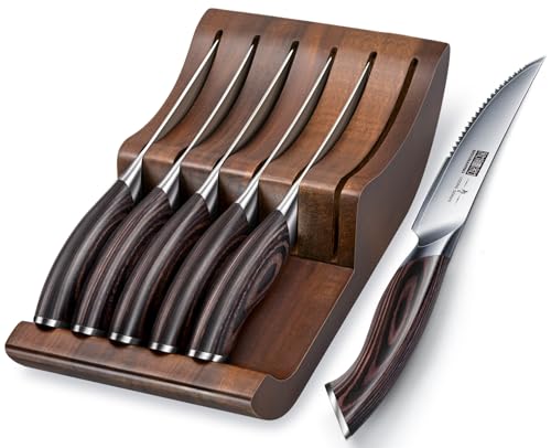 HOSHANHO Steakmesser Set mit 7 Teilen, 12cm Gezahnte Steak Messerset mit Messerblock, Japanischer Kohlenstoffstahl Küchenmesser Steakbesteck mit Ergonomischem Griff von HOSHANHO