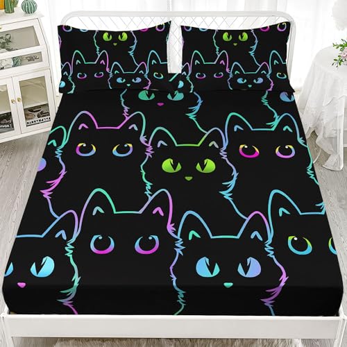 HOSIMA Bettlaken-Set mit schwarzer Katze, 3-teiliges Bettlaken-Set für Kinder mit schwarzem Katzen-Aufdruck, beinhaltet 1 Spannbetttuch + 2 Kissenbezüge (Schwarze Katze M) von HOSIMA