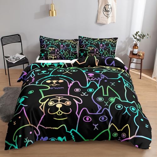 HOSIMA Bettwäsche-Set für Jungen und Mädchen, Katze und Hund, Fluoreszierender Katzen- und Hundedruck, Bettbezug mit 2 Kissenbezügen (Fluoreszierende Katze und Hund L) von HOSIMA