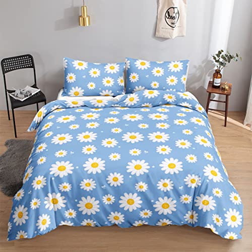 HOSIMA Bettwäsche-Set mit Gänseblümchen-Motiv, Bettbezug für Erwachsene, Jungen und Mädchen, blau-weißer Gänseblümchen-Druck, Bettbezug mit Kissenbezügen (Daisy S) von HOSIMA