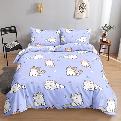 HOSIMA Bettwäsche-Set mit niedlicher Katze für Erwachsene, Jungen und Mädchen, Lila Katze, Wendbarer, Bedruckter Bettbezug mit 2 Kissenbezügen (Lila Katze L) von HOSIMA