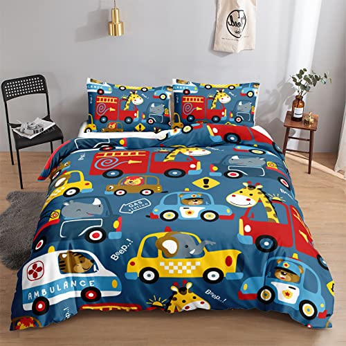 HOSIMA Cartoon-Auto-Bettwäsche-Set für Erwachsene, Jungen und Mädchen, Aquarell-Cartoon-Auto-Druck, Bettbezug mit 2 Kissenbezügen (Cartoon Auto XS) von HOSIMA