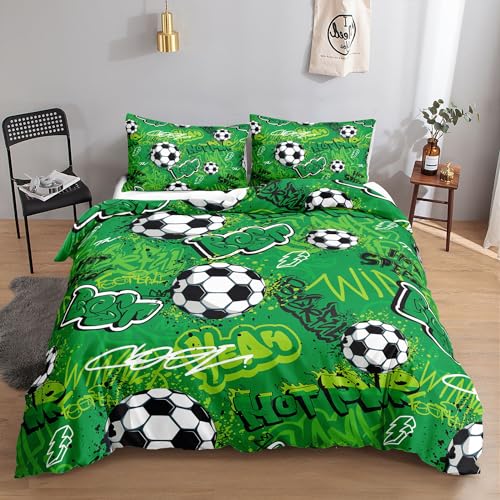 HOSIMA Fußball-Bettwäsche-Set für Jungen und Mädchen, Trendiger, Cooler Graffiti-Cartoon-Fußball-Druck, Bettbezug mit 2 Kissenbezügen(Fußball3 S) von HOSIMA