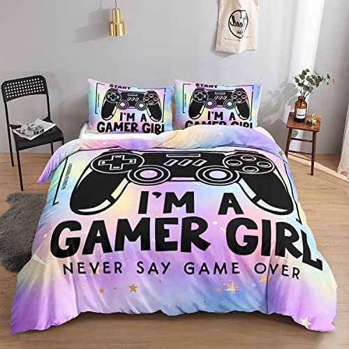 HOSIMA Gamer-Konsole Bettbezug Bettwäsche-Set für Mädchen, Cartoon-Spielekonsolen-Muster, Videospiel-Gamepad, farbenfroher Druck, Bettbezug mit 2 Kissenbezügen (Spielekonsole S) von HOSIMA