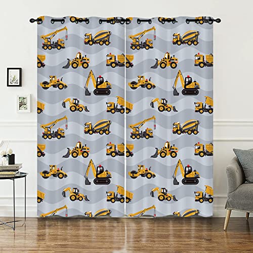 HOSIMA Gelber Technik-LKW Vorhänge Blickdicht Gardinen Mit Ösen,2-Set 140x260cm Welliges Muster weiche Verdunklungsvorhänge für Wohnzimmer Kinderzimmer Jugendzimmer(LKW3 140x260cm) von HOSIMA