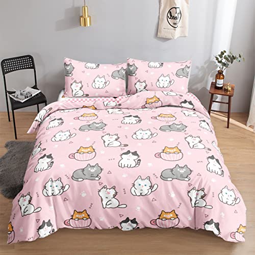 HOSIMA Katzen-Bettwäsche-Set, Bettbezug-Set für Erwachsene, Jungen und Mädchen, niedliche rosa Katze, Schachbrettmuster, Bettbezug mit Kissenbezug (Süße Katze M) von HOSIMA
