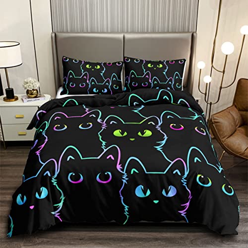 HOSIMA Katzen-Bettwäsche-Sets für Jungen und Mädchen, Kinder, niedlich, bunt, Farbverlauf, Cartoon, Schwarze Katze, Bettbezug mit 2 Kissenbezügen(Katze L) von HOSIMA