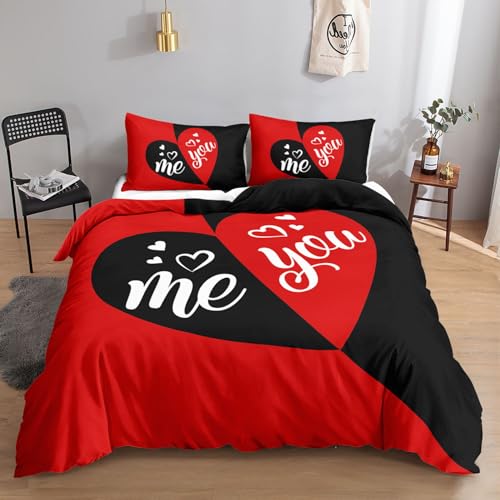 HOSIMA Liebesherz-Bettwäsche-Set für Erwachsene, Jungen und Mädchen, Schwarz Rot Liebesherz-Druck, Bettbezug mit 2 Kissenbezügen (Rot Liebesherz S) von HOSIMA