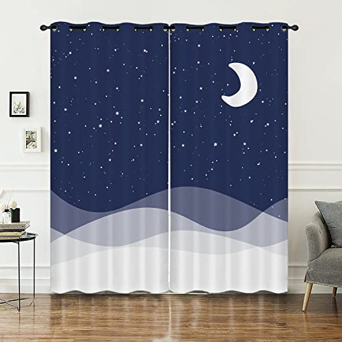 HOSIMA Mond und Stern vorhänge Blickdicht mit ösen Verdunkelungsvorhänge,2-Set 117x183cm Sternenhimmel Blau Glitzerstern Muster Aquarell für Schlafzimmer Wohnzimmer(Mond und Stern 117x183cm) von HOSIMA