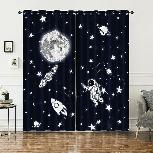 HOSIMA Raketenvorhänge,Ösenvorhänge,Set mit 2 Vorhängen,Raketen-Astronauten-Mond-Aufdruck,Vorhänge für Kinderzimmer und Teenagerzimmer(Raketen-Astronaut XL) von HOSIMA