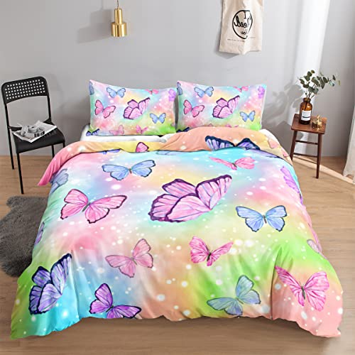 HOSIMA Schmetterlings-Bettwäsche-Set für Mädchen, Aquarell-Schmetterlingsmuster, bunter Druck, Bettbezug mit 2 Kissenbezügen (Aquarell XS) von HOSIMA