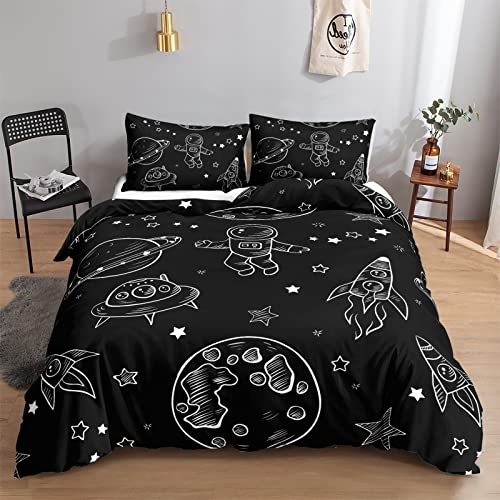 HOSIMA Universum Planet Astronaut Bettwäsche 100x132 für Kinder, Jungen Teenager Bettbezug-Set für Einzelbett, Moderne Cartoon Bedruckte Bettbezüge mit Reißverschluss und 80x80cm Kissenbezug von HOSIMA