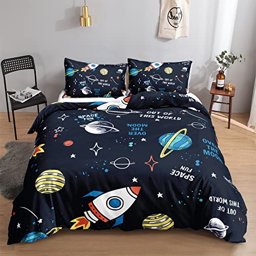 HOSIMA Universum Planet Rakete Bettwäsche 155x220 für Kinder, Jungen Teenager Bettbezug-Set für Einzelbett, Moderne Cartoon Bedruckte Bettbezüge mit Reißverschluss und 80x80cm Kissenbezug von HOSIMA