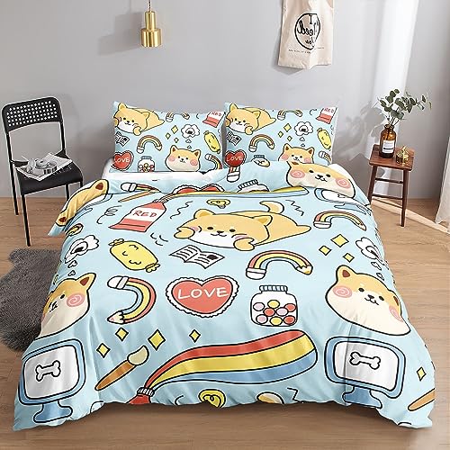 HOSIMA Welpen-Bettwäsche-Set für Erwachsene, Jungen und Mädchen, Cartoon-Süßer-Hunde-Aufdruck, Bettbezug mit 2 Kissenbezügen (Süßer Welpe L) von HOSIMA