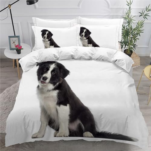 HOSITE Bettwäsche 135x200cm Hund 3D Bettwäsche Weiche Mikrofaser 3 Teilig Border Collie Bettwäsche-Sets versteckter Reißverschluss mit 2 Kissenbezug 80x80cm für Kinder Erwachsene von HOSITE