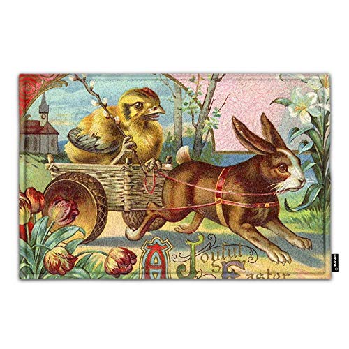 HOSNYE MatVintage Oster-Teppich, Motiv: Osterküken, Kaninchen, Korb, Wagen, Blumen, Tulpen, Garten, Fußmatte, Bad, Boden, Küche, superweicher Flanellstoff mit inneren dicken Schaumstoffmatten HOSNYE MatVintage Oster-Teppich, Motiv: Osterküken, Kaninchen, Korb, Wagen, Blumen, Tulpen, Garten, Fußmatte, Bad, Boden, Küche, superweicher Flanellstoff mit inneren dicken Schaumstoffmatten von HOSNYE