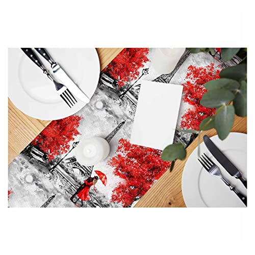 HOSNYE Tischläufer Paris Eiffelturm Liebhaber Aquarell, Baumwolle Leinen Tischläufer Dekoration für Küche Familie Abendessen Tisch Urlaub Party Bauernhaus Stil 33 x 183 cm von HOSNYE