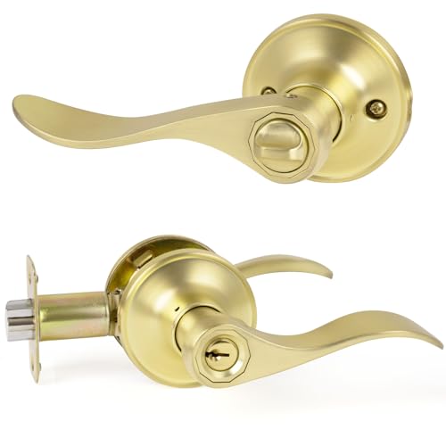 HOSOM 1 Packung Eingangstürgriff außen mit Schloss und Schlüssel, Außentürgriff Hebel für sicheren Vordereingang und Schlafzimmer. Robuster Türgriff aus satiniertem Messing, goldfarbener Türgriff von HOSOM