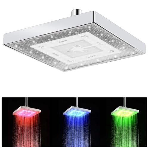 8 Zoll(20cm) Duschkopf Regendusche LED Kopfbrause Regenduschkopf mit 3 Farben Temperaturkontrolle, Hohem Durchfluss Brausekopf Dusche Quadratisch für Home Badezimmer von HOSPAOP