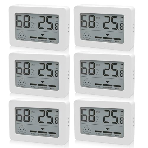 Digital Thermometer Hygrometer Innen - 6er Mini Luftfeuchtigkeitsmesser Raumthermometer Innen mit Smiley-Indikator, Temperatur und Zimmerthermometer für Babyraum Wohnzimmer Raum Büro, Weiß von HOSPAOP