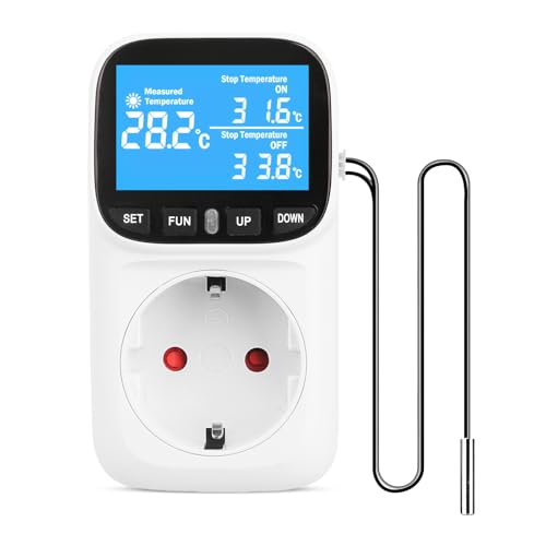 Digitaler Temperaturregler Steckdose 230V mit Fühler, Heizen Kühlen Thermostat Steckdose, Steckdosenthermostat mit Zeitschaltuhr Alarm für Gewächshaus Aquarium Terrarium Reptilien von HOSPAOP