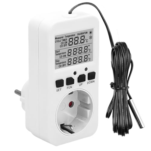 Digitaler Temperaturregler Steckdose 230V mit Fühler, Heizen Kühlen Thermostat Steckdose, Temperaturschalter mit Zeitschaltuhr Alarm von HOSPAOP