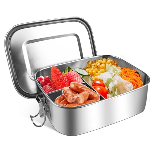 HOSPAOP Edelstahl Brotdose mit Fächern, 1400ml Lunchbox Metall Vesperdose Auslaufsicher mit 3 Fächern, Bento Box Jausenbox Brotbox für Kinder Erwachsene von HOSPAOP