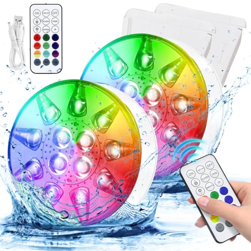 HOSPAOP Poolbeleuchtung Unterwasser LED Licht Wiederaufladbare, Wasserdichte mit RF Fernbedienung, USB, Timer, RGB 13 LEDs für Pool Whirlpool Aquarium Teich Vase Party Beleuchtung (2er) von HOSPAOP