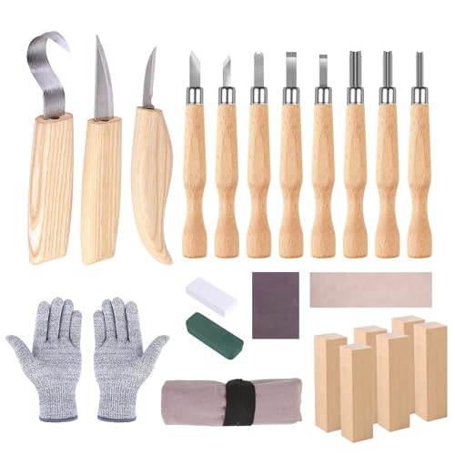 Holz-Schnitzwerkzeug Set, 23 STK Schnitzmesser Holz Schnitzen Set mit Schleifsteine für Erwachsene Kinder, Carving DIY Schnitzset mit Schnittfeste Handschuhe Holz-Schnitzwerkzeug Set, 23 STK Schnitzmesser Holz Schnitzen Set mit Schleifsteine für Erwachsene Kinder, Carving DIY Schnitzset mit Schnittfeste Handschuhe von HOSPAOP
