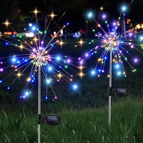 Solar Feuerwerk Gartenleuchten, Solarleuchten Solarstecker für außen garten 200 LED, 8 Modi Solarlampen Gartendeko Wasserdicht Solarlichter für Hinterhof Weg Rasen Balkon Deko Mehrfarbig, 2 Stück von HOSPAOP