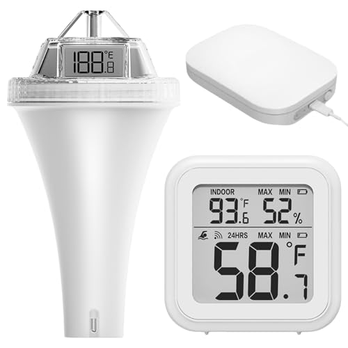 Wlan Pool Thermometer Schwimmend, APP Poolthermometer Funk Digital Wasserthermometer mit Außensensor für Teich Innen- und Außenschwimmbad von HOSPAOP