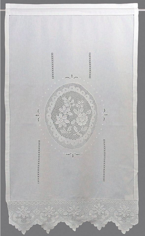 Gardine Wildspitze, HOSSNER - ART OF HOME DECO, Stangendurchzug (1 St), halbtransparent, m. Häkelspitze aus ECHTER HANDARBEIT von HOSSNER - ART OF HOME DECO
