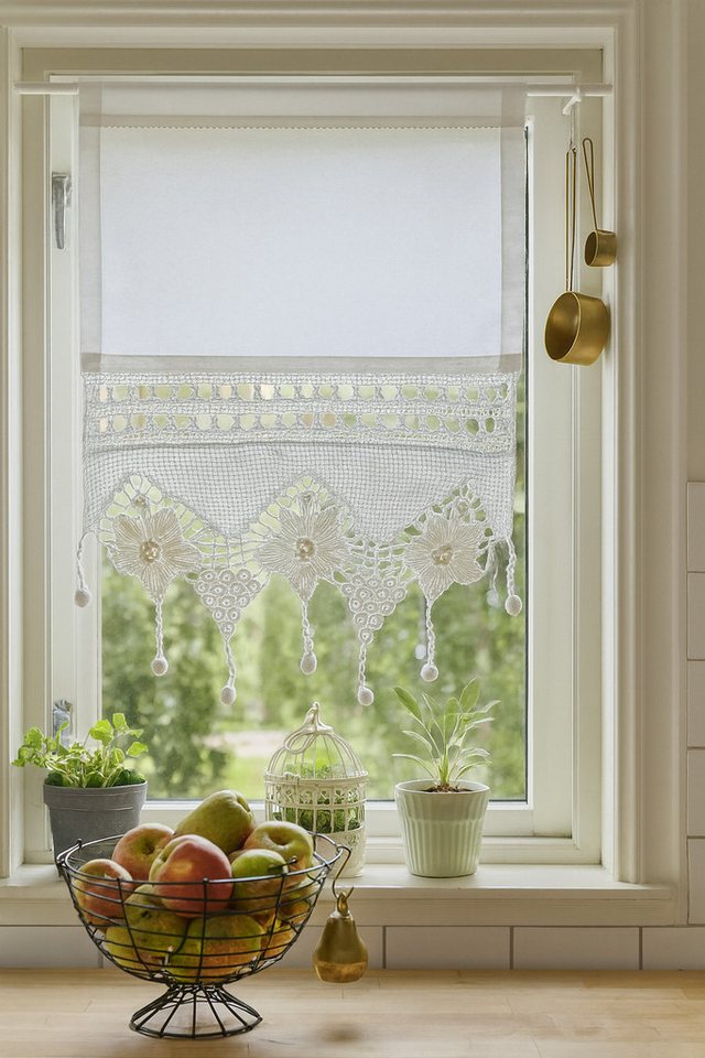 HOSSNER - ART OF HOME DECO Scheibengardine 35x45 cm (1 St), blickdicht, Baumwolle, handgehäkelt mit Stoffeinsatz und Bommeln von HOSSNER - ART OF HOME DECO
