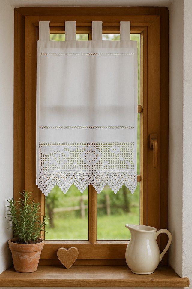 HOSSNER - ART OF HOME DECO Scheibengardine 30x60 cm (1 St), Schlaufen, blickdicht, Baumwolle, Vintage, Romantische Stickerei von HOSSNER - ART OF HOME DECO