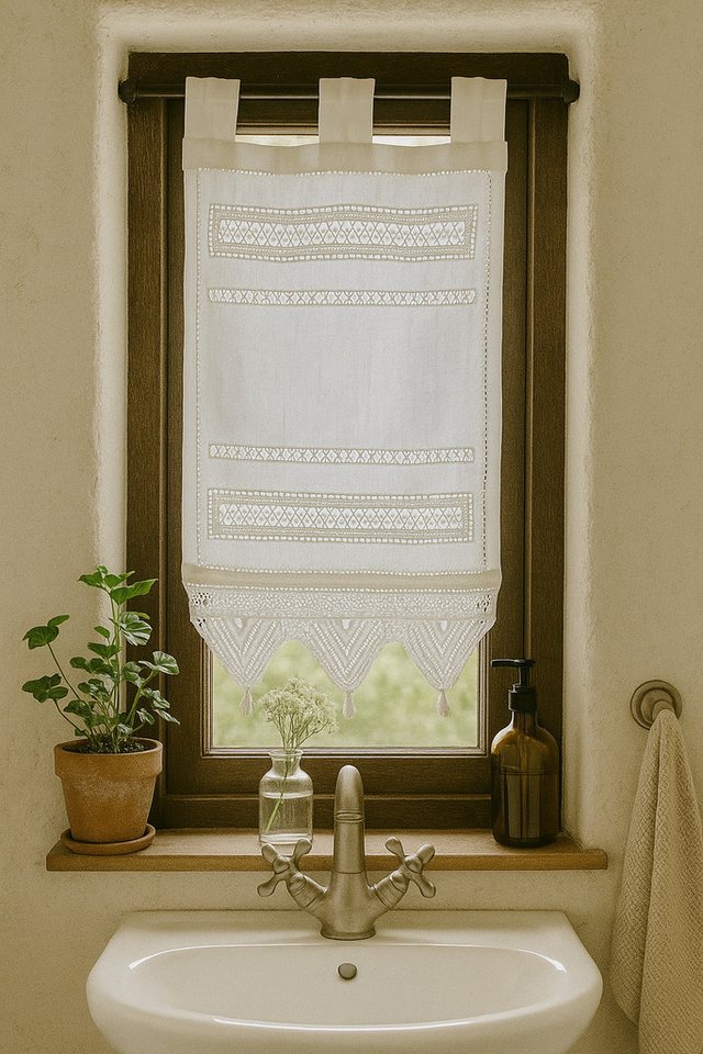 HOSSNER - ART OF HOME DECO Scheibengardine 30x60 cm (1 St), Schlaufen, blickdicht, Baumwolle, Vintage, Romantische Stickerei von HOSSNER - ART OF HOME DECO