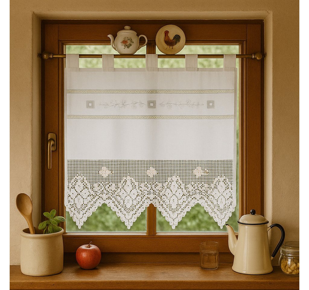 HOSSNER - ART OF HOME DECO Scheibengardine 40x50 cm (1 St), Schlaufen, blickdicht, Baumwolle, Vintage, Romantische Stickerei von HOSSNER - ART OF HOME DECO