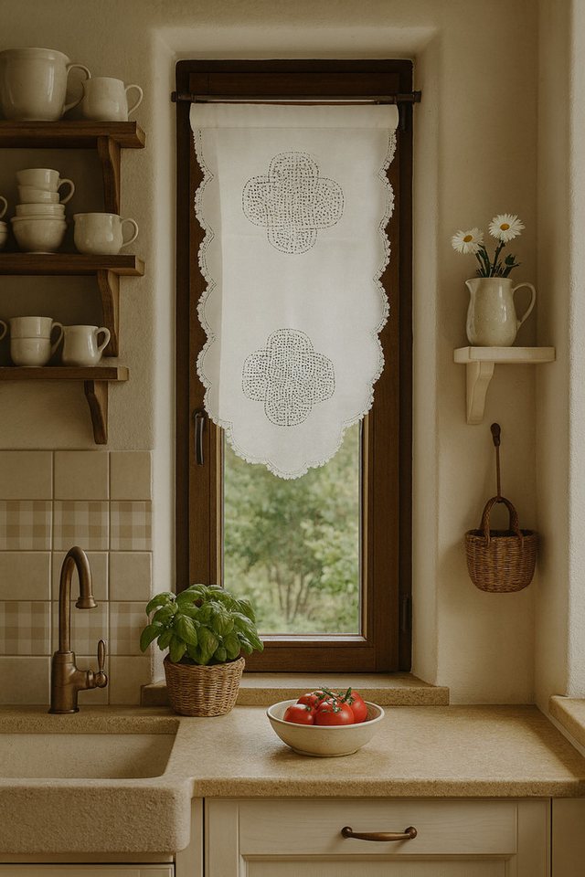 HOSSNER - ART OF HOME DECO Scheibengardine 45x75 cm (1 St), blickdicht, Baumwolle, Vintage, Romantische Stickerei von HOSSNER - ART OF HOME DECO