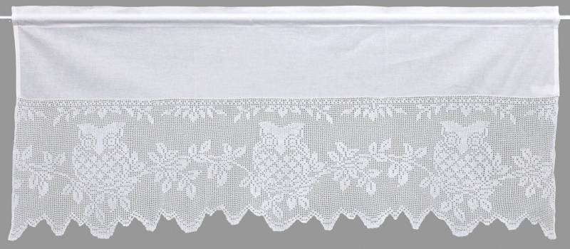 HOSSNER - ART OF HOME DECO Querbehang Eule, Stangendurchzug (1 St), halbtransparent, Wirkware, handgehäkelte Spitze, weiß, Baumwolle von HOSSNER - ART OF HOME DECO