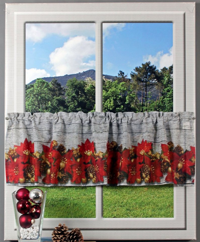 HOSSNER - ART OF HOME DECO Querbehang Weihnachtsstern, Stangendurchzug (1 St), halbtransparent, Organza, Hintergrund in Holzoptik von HOSSNER - ART OF HOME DECO