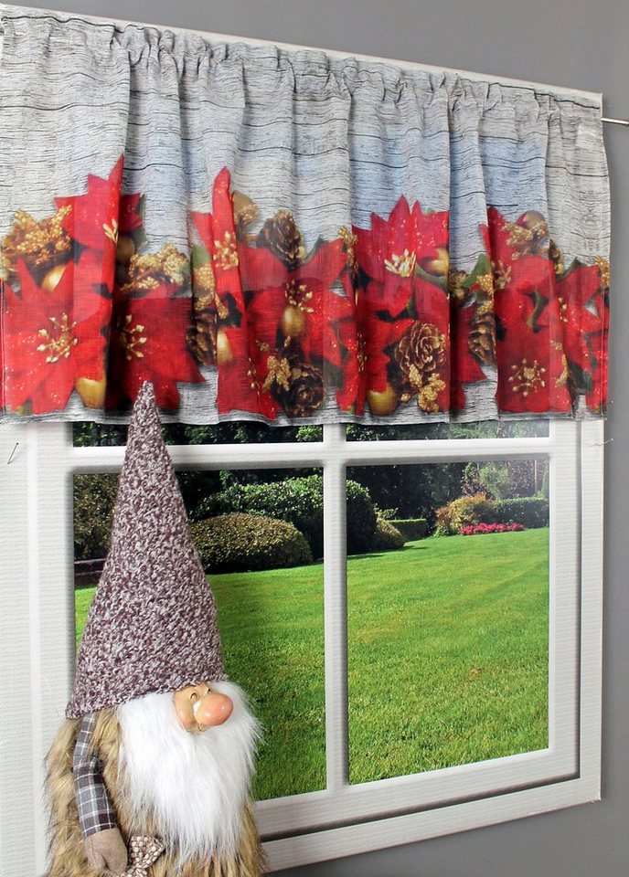 HOSSNER - ART OF HOME DECO Querbehang Weihnachtsstern, Stangendurchzug (1 St), halbtransparent, Organza, Hintergrund in Holzoptik von HOSSNER - ART OF HOME DECO