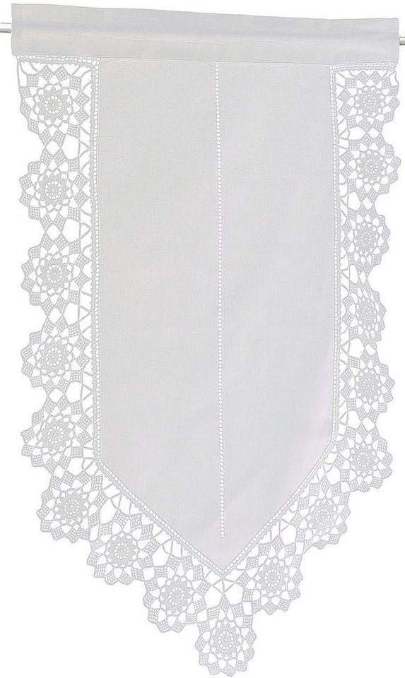 HOSSNER - ART OF HOME DECO Scheibengardine Dufour, Stangendurchzug (1 St), halbtransparent, Wirkware, handgehäkelte Spitze, weiß, Baumwolle von HOSSNER - ART OF HOME DECO