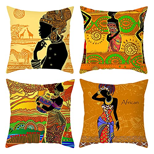 Ethno-Kissenbezüge, 4er-Set, afrikanische schwarze Frau, Tribal-Kissenbezüge, Bohemian-Stil, dekorative Kissenbezüge für Sofa, Couch, 45,7 x 45,7 cm von HOSTECCO