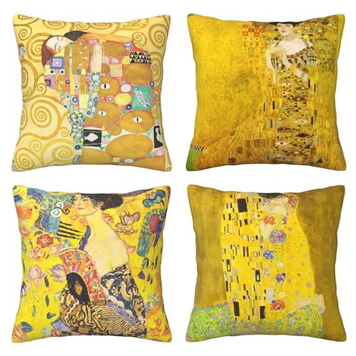 HOSTECCO Gelb Kissenbezüge Set von 4 Gustav Klimt Painting The Kiss Kissenbezüge, quadratisch, dekorative Kissenbezüge für Sofa, Couch, Bett, 45,7 x 45,7 cm von HOSTECCO