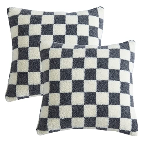 Grau Dekorative Kissenbezüge 45x45 cm 2er Set Schachbrett Kunstfell Kissenbezüge Weiche Sherpa Kissenbezüge für Couch Sofa Bett von HOSTECCO