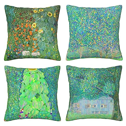 HOSTECCO Grüne Kissenbezüge, 4 Stück, Gustav Klimt Gemälde, Blumengarten, quadratisch, dekorative Kissenbezüge für Sofa, Couch, 45,7 x 45,7 cm von HOSTECCO