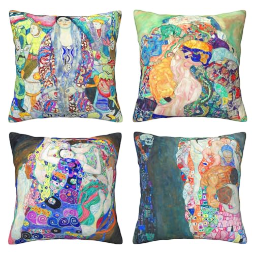 HOSTECCO Gustav Klimt Kissenbezüge, 4er-Set, Porträt, Kunstmalerei, dekorative Kissenbezüge, weicher Samt, quadratisch, Kissenbezüge für Couch, Sofa, Bett, 45,7 x 45,7 cm von HOSTECCO