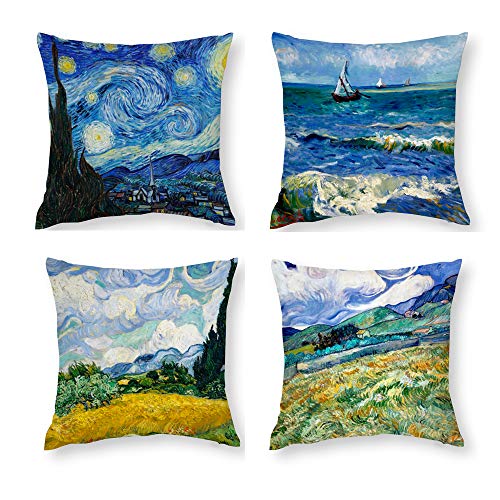 HOSTECCO 4 Stück dekorative Kissenbezüge 50 x 50 cm abstrakt Impressionist Überwurf Kissenbezüge Vincent Van Gogh Malerei Kissenbezüge für Sofa Couch von HOSTECCO