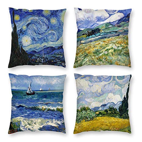 HOSTECCO Abstrakte Kissenbezüge, 4 Stück, quadratisch, dekorative blaue Kissenbezüge für Sofa, Couch, Zuhause, Auto, Van Gogh, Gemälde, 45,7 x 45,7 cm von HOSTECCO